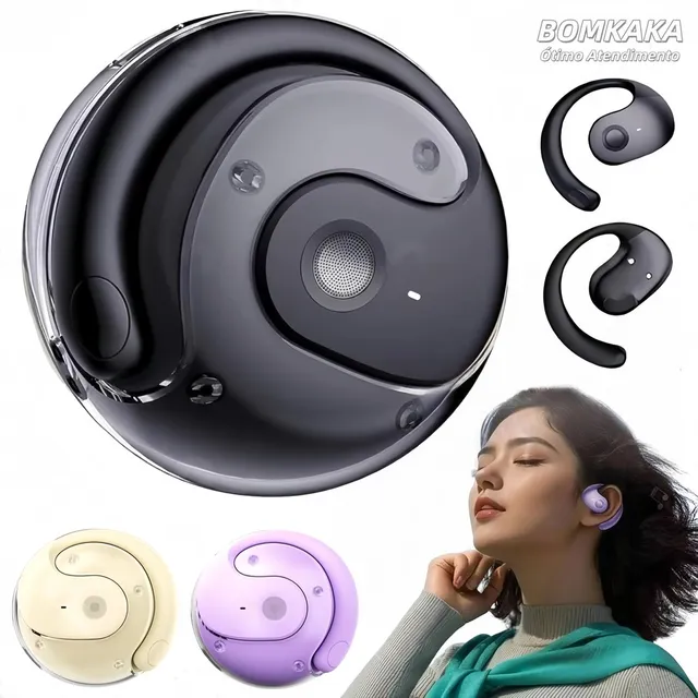 Fones sem fio com ganchos auriculares e estojo, mostrados em preto, bege e lilás